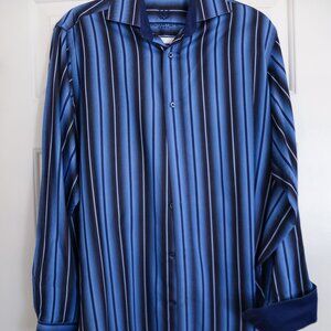 Handsome blue on black Bugatchi men's dress shirt. Medium, shaped fit.